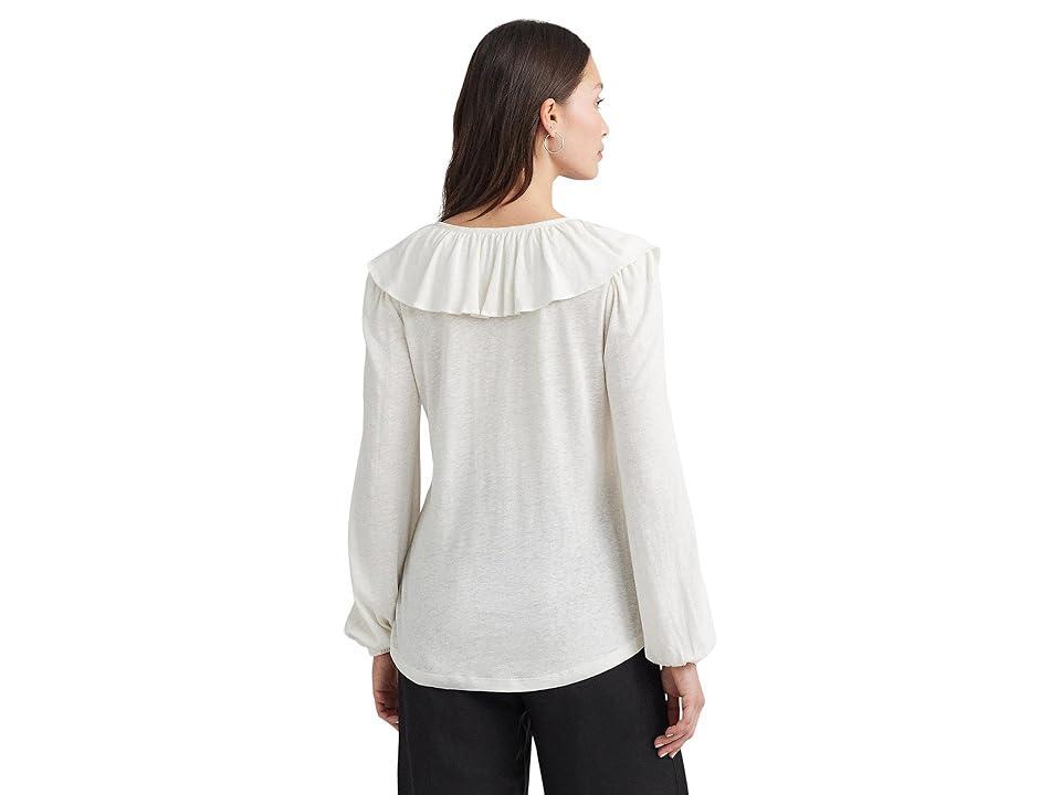 Lauren Ralph Lauren Ruffle-Trim Jersey Tie-Neck Top (Mascarpone Cream) Women's Clothing Product Image