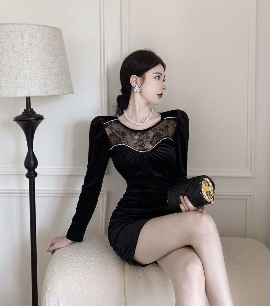 Long-Sleeve Round Neck Rhinestone Lace Panel Velvet Mini Sheath Dress Product Image