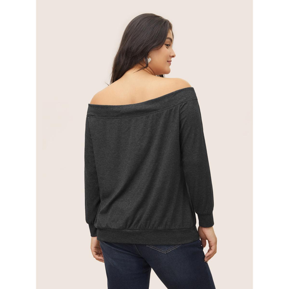 Plus Size Solid Heather Off Shoulder T-shirt DimGray Women Elegant Non Plain One-shoulder neck Everyday T-shirts BloomChic 12/L Product Image