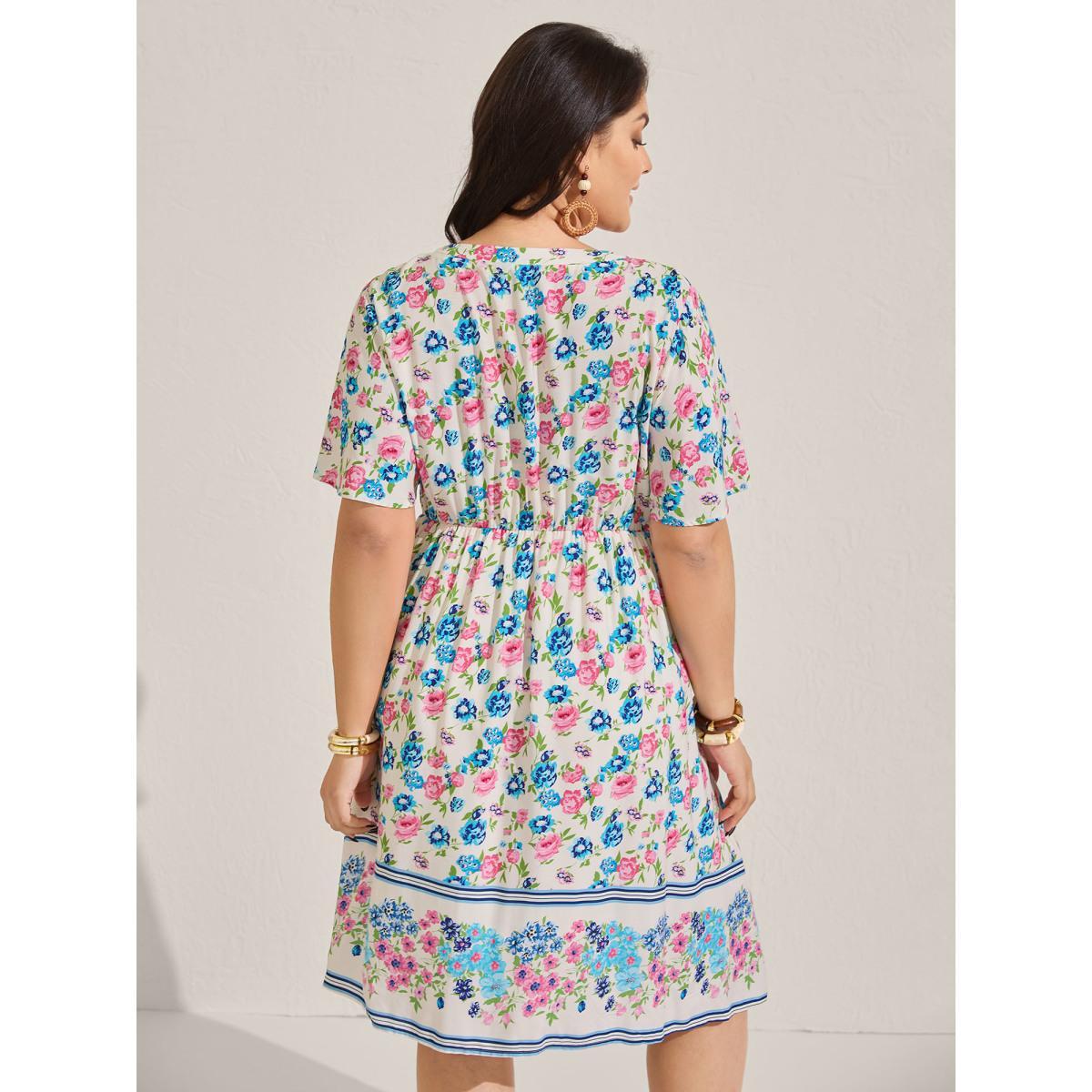 Plus Size Rayon Floral Print Neck Tie Pockets Midi Dress Multicolor Women Boho Notched collar Short sleeve Curvy BloomChic 12/L Product Image