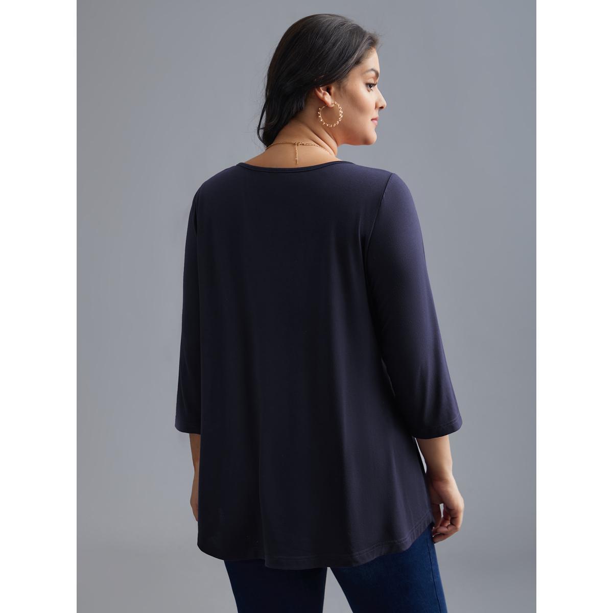 Plus Size Asymmetrical Hem Overlap Long T-shirt Eggplant Women Leisure Tucked seam Round Neck Loose Casual T-shirts BloomChic 14-16/1X Product Image