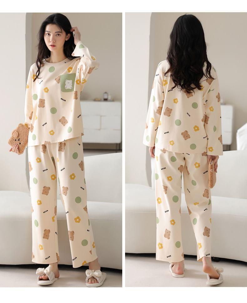 Loungewear Set : Long-Sleeve Bear Print Padded T-Shirt + Pants Product Image