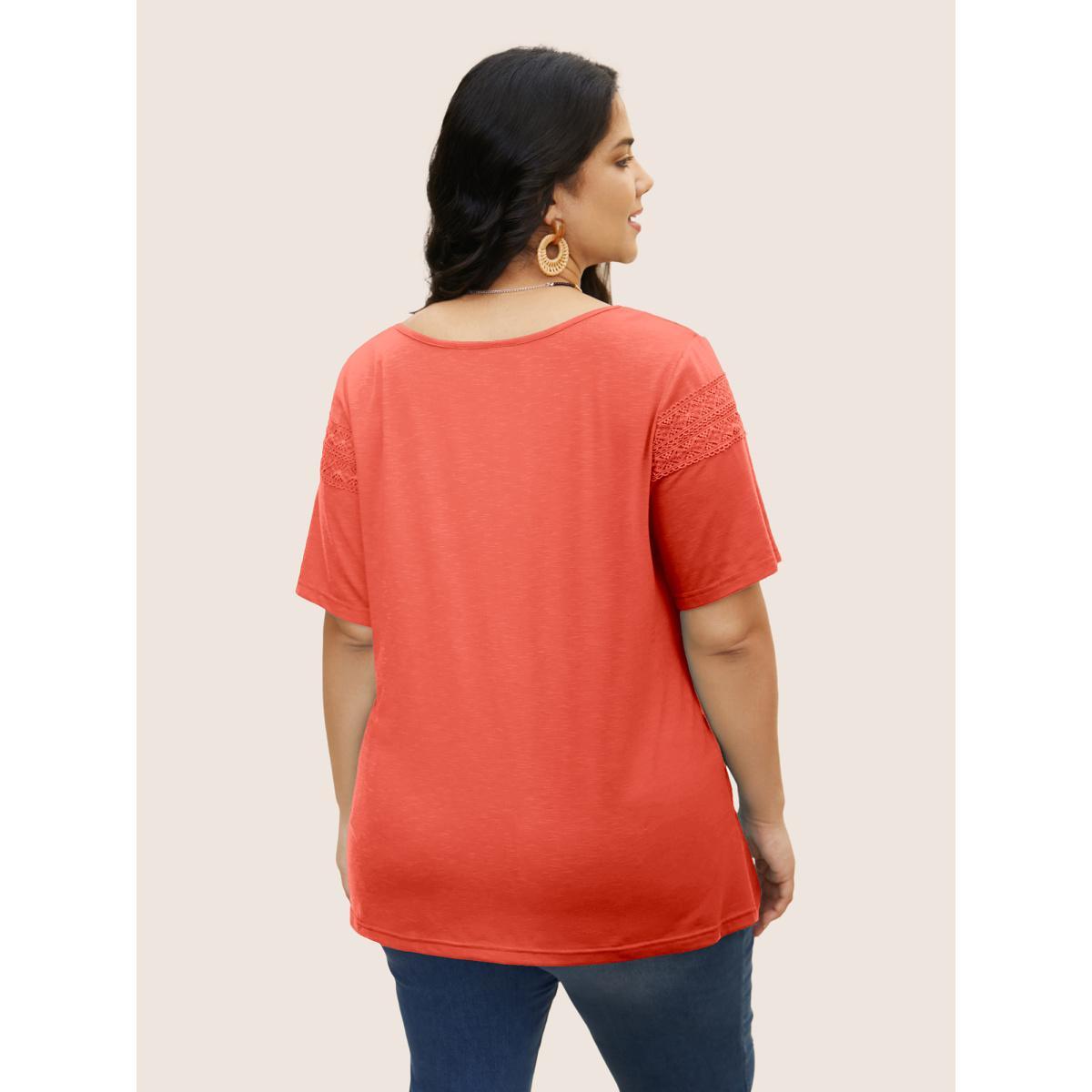 Plus Size Plain V Neck Lace Panel T-shirt OrangeRed Women Resort Patchwork V-neck Vacation T-shirts BloomChic 22-24/3X Product Image