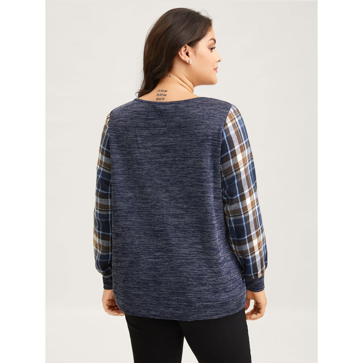 Plus Size Plaid Sleeve Button Up Patchwork Sweatshirt Women Indigo Leisure Contrast Notched collar Casual Sweatshirts BloomChic 18-20/2X Product Image