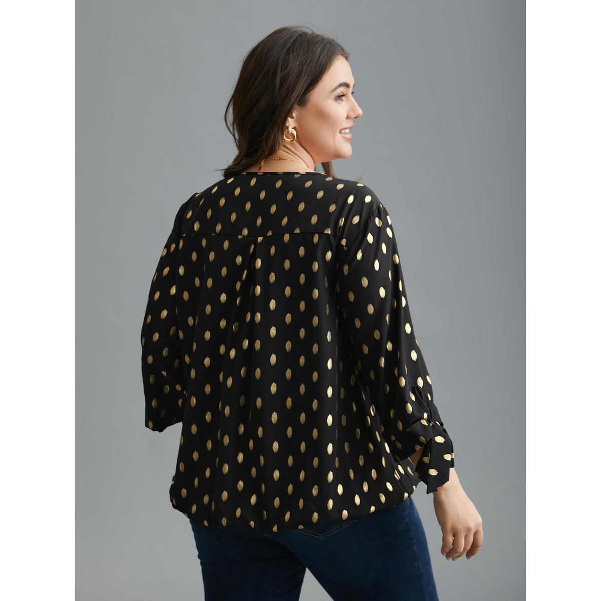 Plus Size Black Glitter Overlap Collar Tie Knot Blouse Women Cocktail Elbow-length sleeve Overlap Collar Party Blouses BloomChic 28/5X Product Image