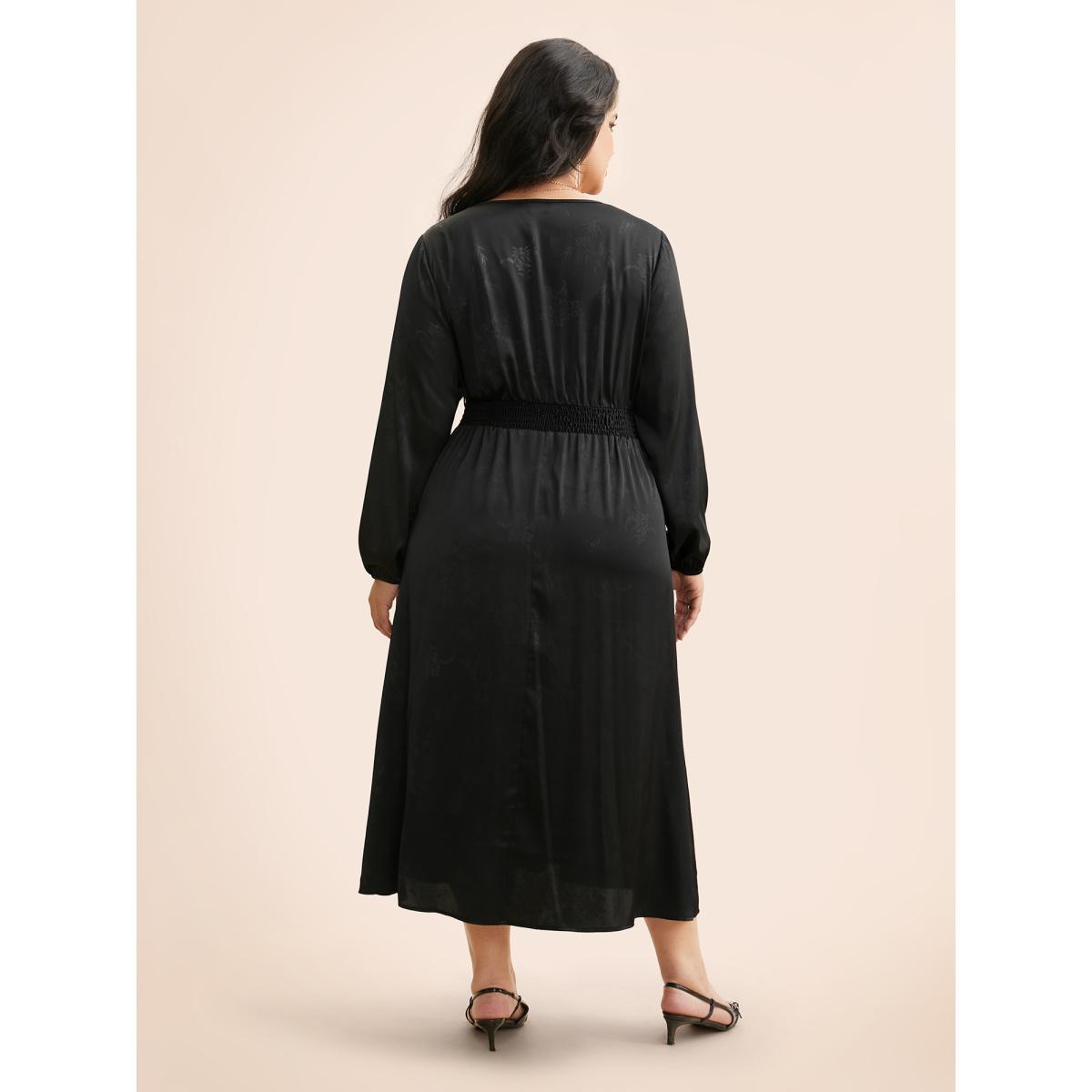 Plus Size Overlap Collar Textured Shirred Lace Trim Dress Black Women Cocktail Woven ribbon&lace trim Overlap Collar Long Sleeve Curvy BloomChic 10/M Product Image
