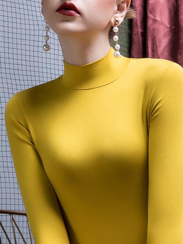 Long Sleeves Plus Size Solid Color Split-Joint High Neck T-Shirts Product Image