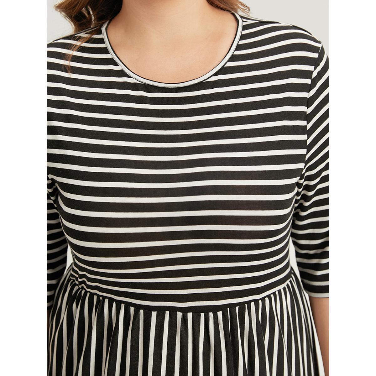 Plus Size Striped Crew Neck Ruffle Layered Hem Dress Black Women Casual Printed Round Neck Half Sleeve Curvy Midi Dress BloomChic 18-20/2X Product Image