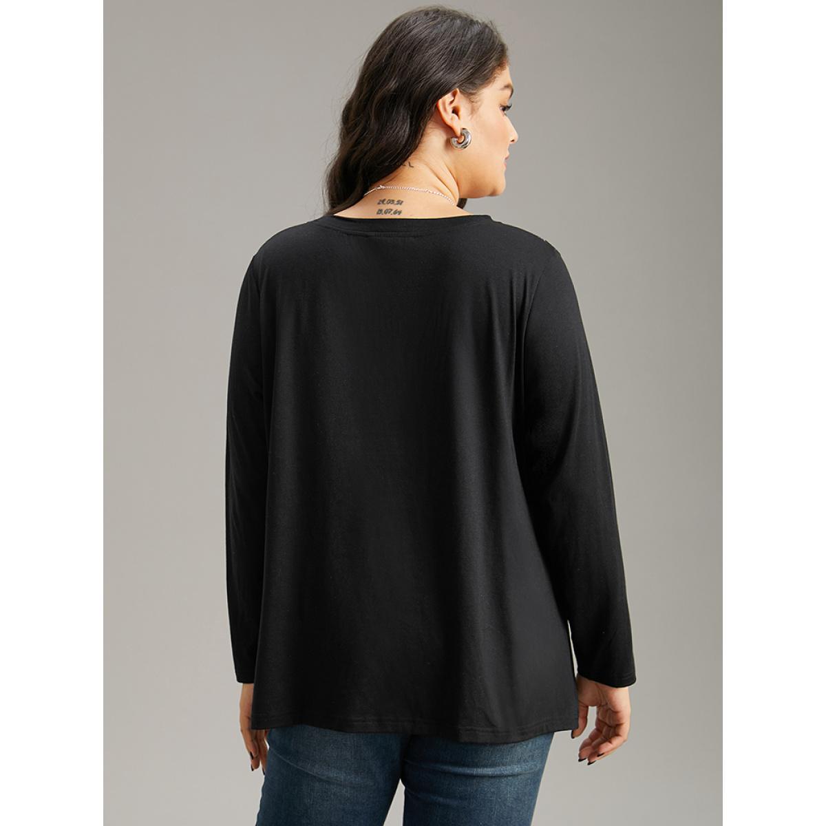 Plus Size Star Mesh Patchwork Button Detail T-shirt Black Women Elegant See through Moon and Star Round Neck Dailywear T-shirts BloomChic 10/M Product Image