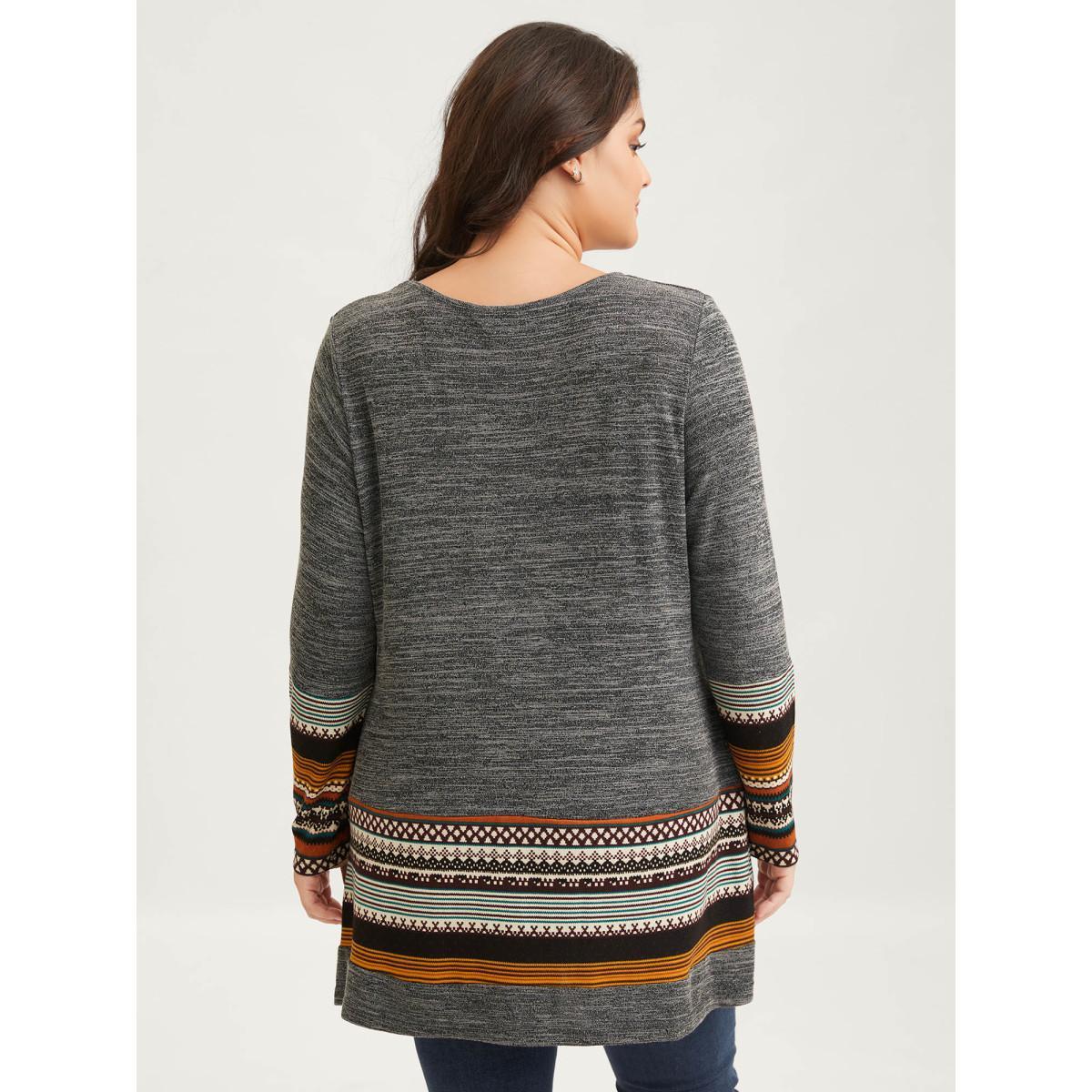 Plus Size Tunic Boho Print Pocket T-shirt DimGray Women Leisure Contrast Round Neck Loose Casual T-shirts BloomChic 30/6X Product Image