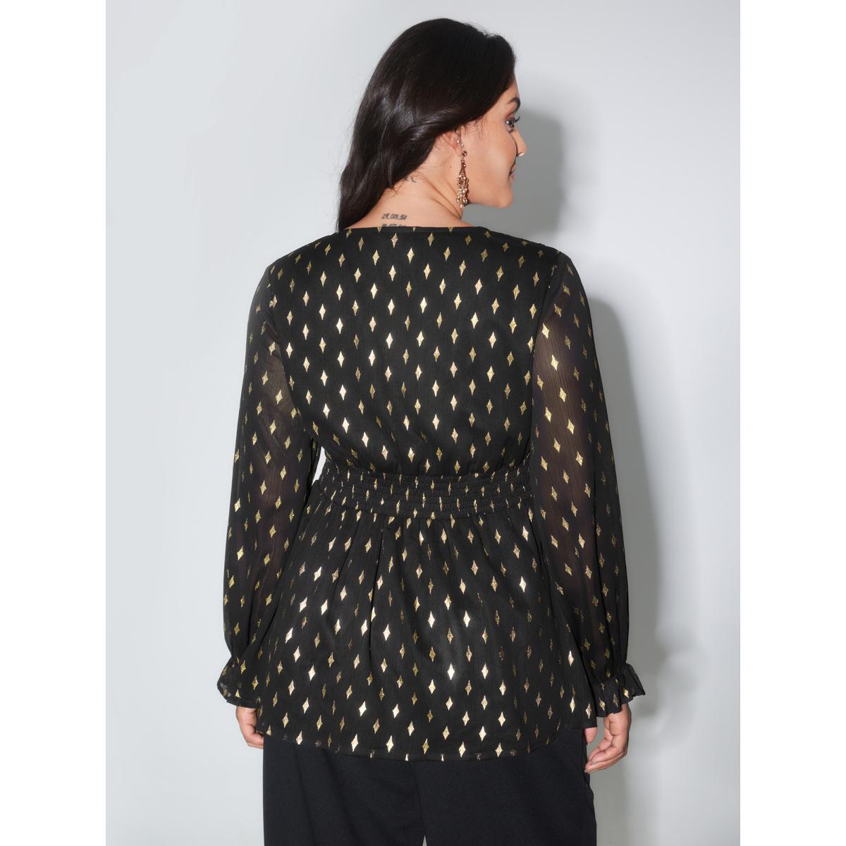 Plus Size Black Chiffon Gold Stamp Shirred Waist Blouse Women Formal Extra Long Sleeve Overlap Collar Party Blouses BloomChic 22-24/3X Product Image