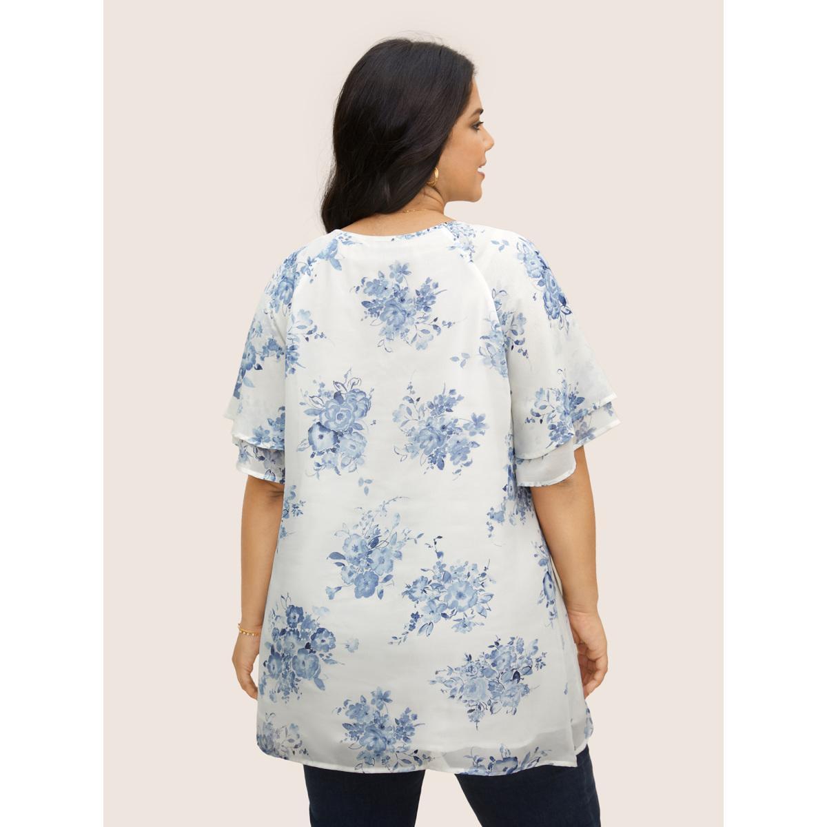 Plus Size Originalwhite Chiffon Floral Tiered Ruffles Raglan Sleeve Blouse Women Elegant Half Sleeve Round Neck Everyday Blouses BloomChic 14-16/1X Product Image