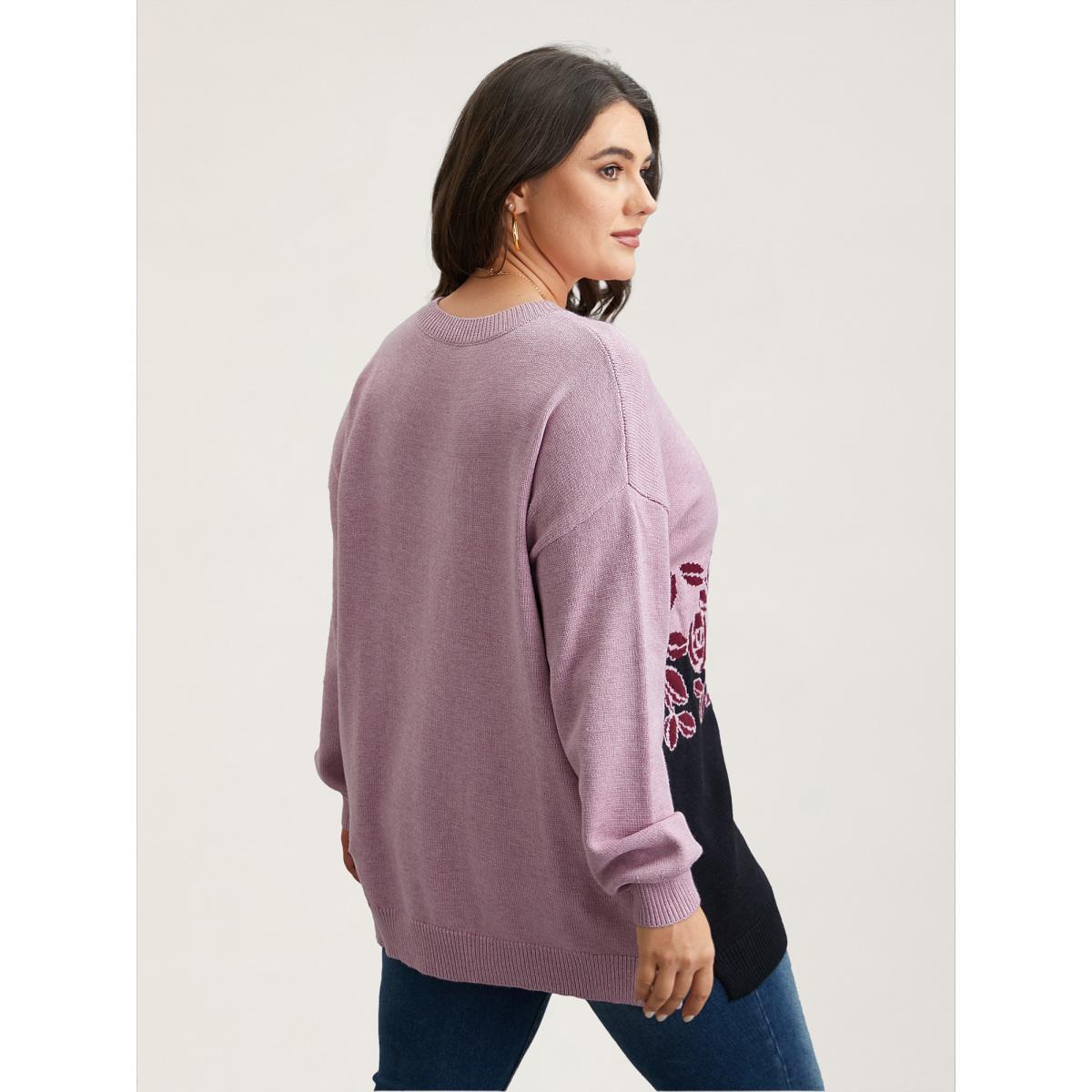 Plus Size Jacquard Floral Pattern Contrast Drop-Shoulder Pullover Black Women Casual Loose Long Sleeve Round Neck Everyday Pullovers BloomChic 18-20/2X Product Image