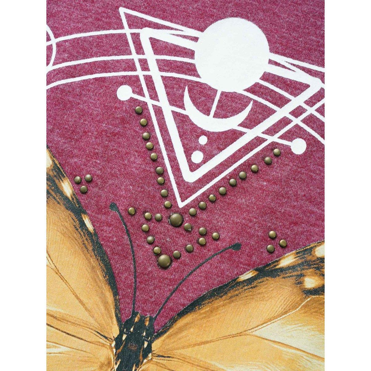 Plus Size Natural Flowers & Butterfly Print Rhinestone T-shirt Burgundy Women Casual Rhinestone detailing Animals Everyday T-shirts BloomChic 10/M Product Image