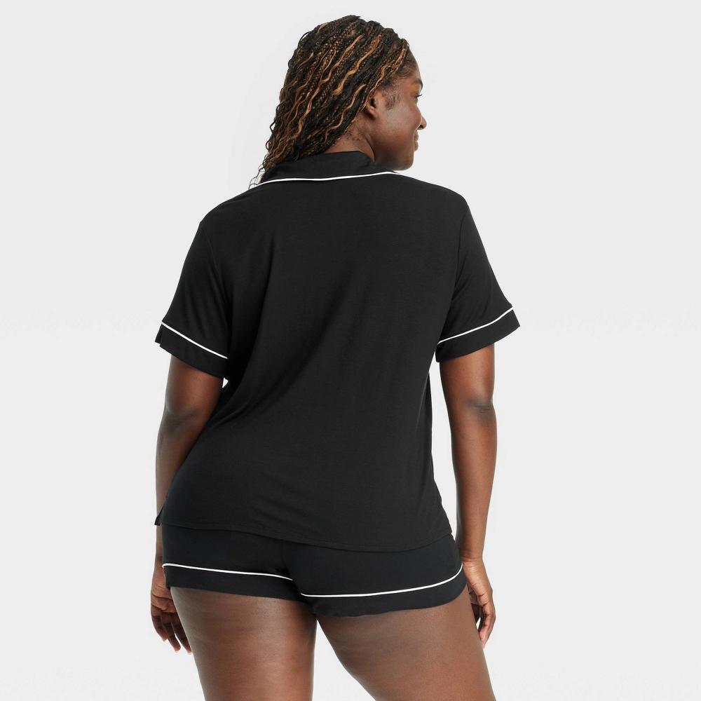 Womens Cloud Knit Short Sleeve Notch Collar Top and Shorts Pajama Set - Auden Black M Product Image