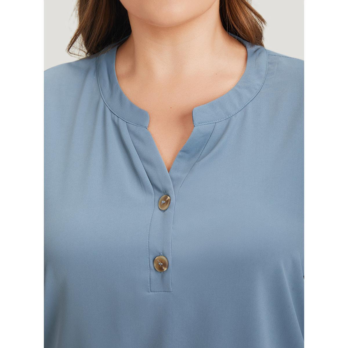 Plus Size Stone Anti-Wrinkle Plain Notched Flutter Sleeve Button Up Blouse Women Office Short sleeve Notched collar Work Blouses BloomChic 26/4X Product Image