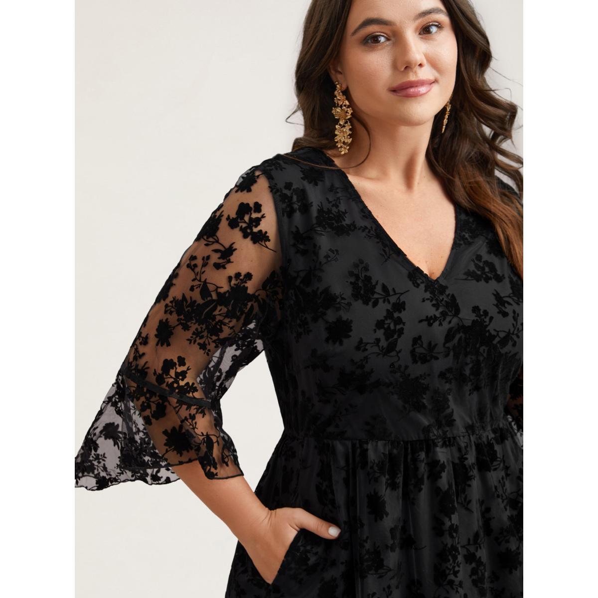 Plus Size Sheer Textured Waist-Cinched Midi Dress Black Women Elegant Texture V-neck Elbow-length sleeve Curvy BloomChic 30/6X Product Image