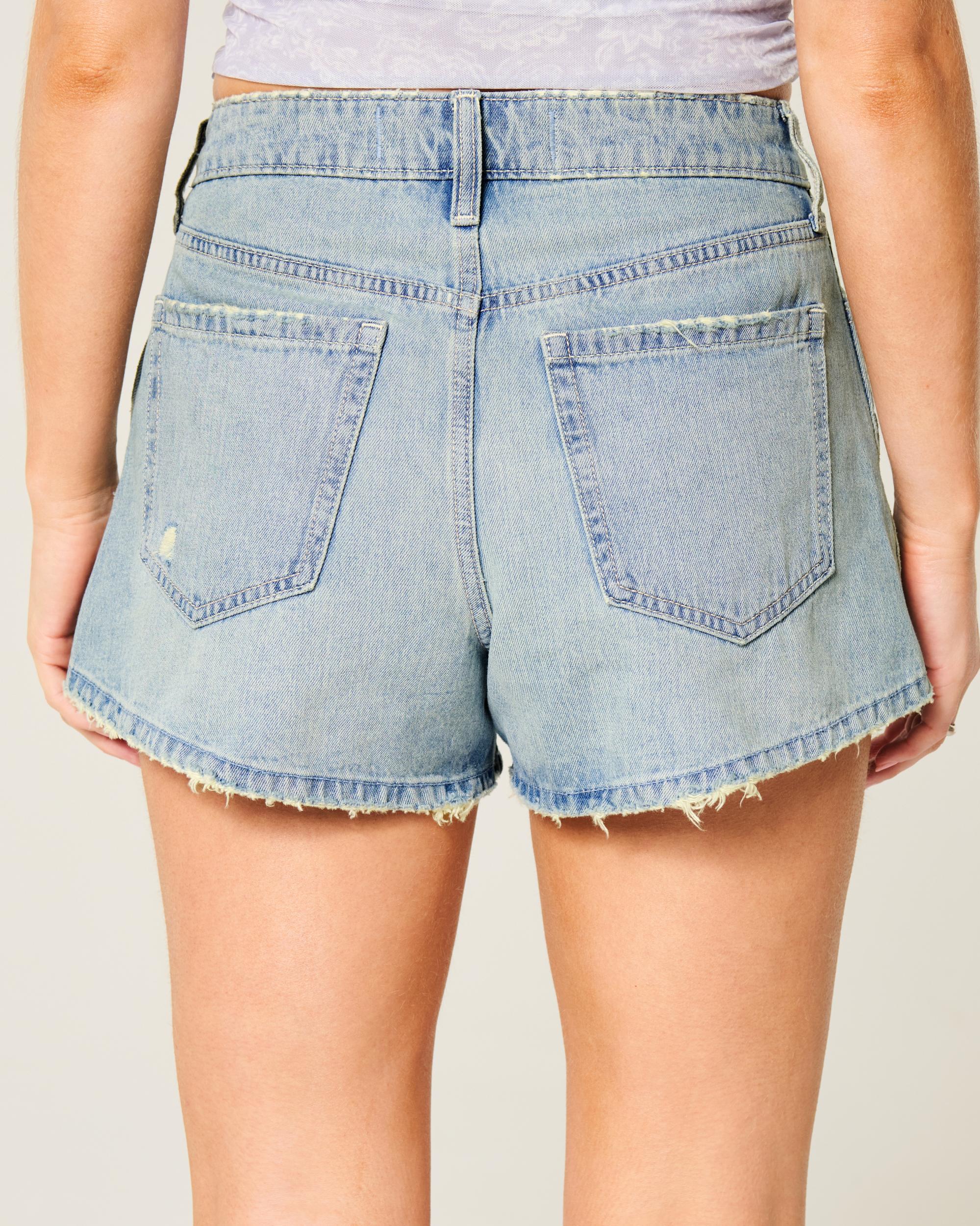 High-Rise Ripped Light Wash A-Line Denim Shorts Product Image