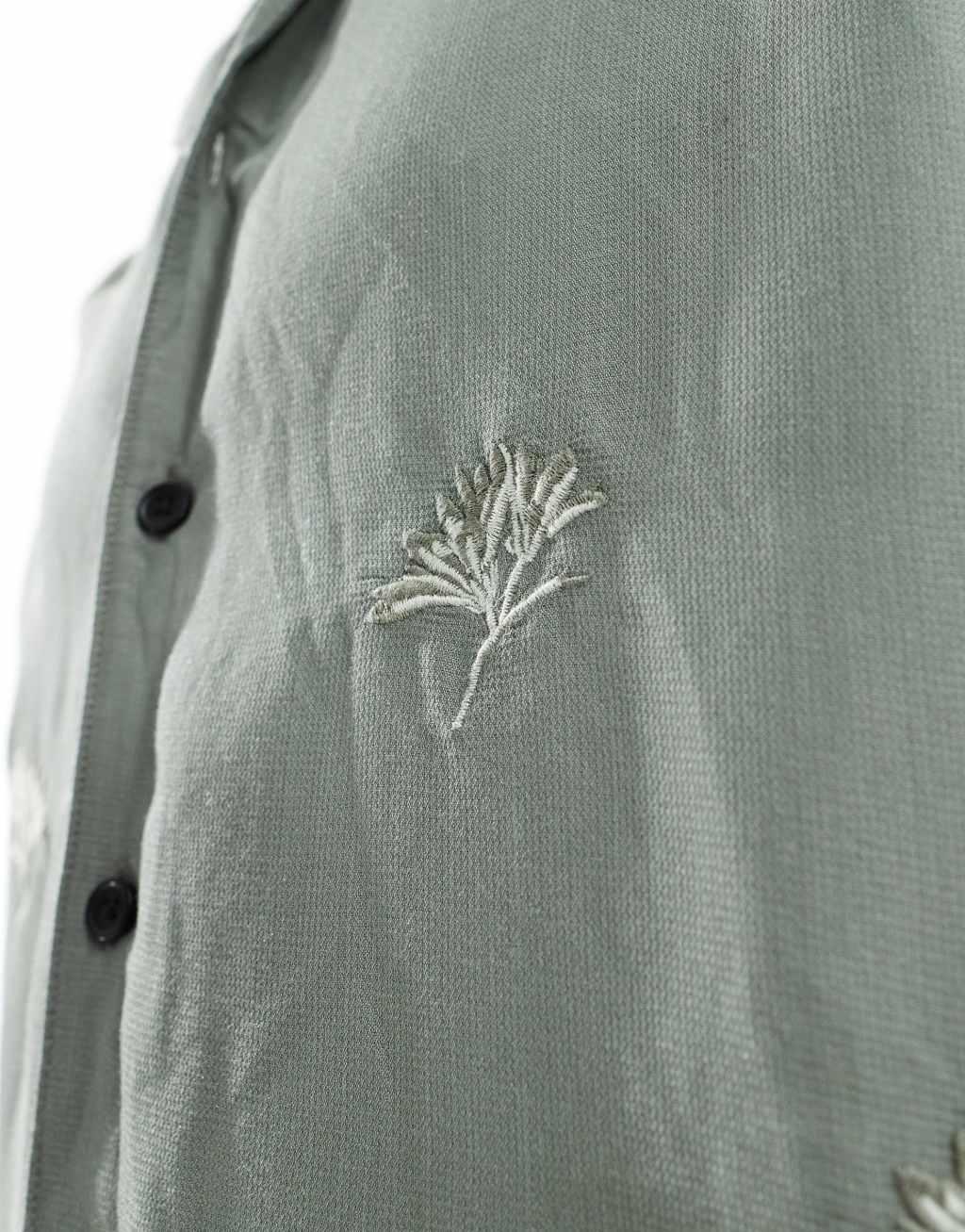 Jack & Jones boxy fit camp collar shirt with flower embroidery in khaki  Product Image