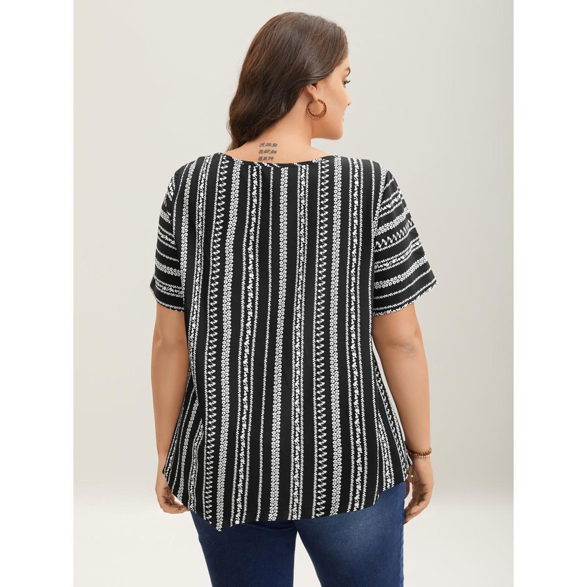 Plus Size Black Striped Overlap Print Curvy Hem Blouse Women Resort Short sleeve Round Neck Vacation Blouses BloomChic 14-16/1X Product Image