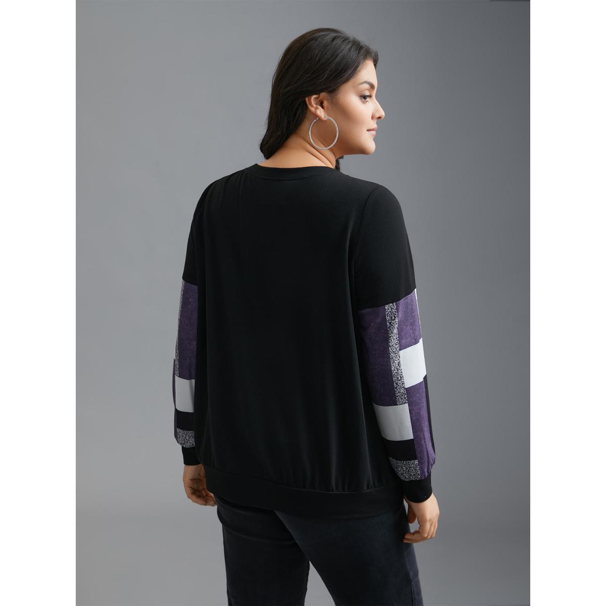 Plus Size Crew Neck Geometric Patchwork Sweatshirt Women Deeppurple Casual Contrast Loose Round Neck Everyday Sweatshirts BloomChic 28/5X Product Image