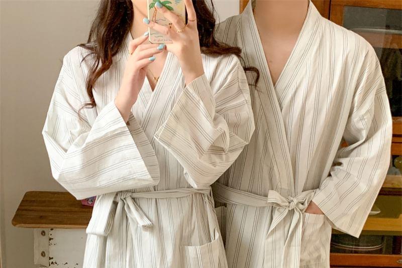 Couple Matching V-Neck Striped Tie Waist Pajama Robe Product Image