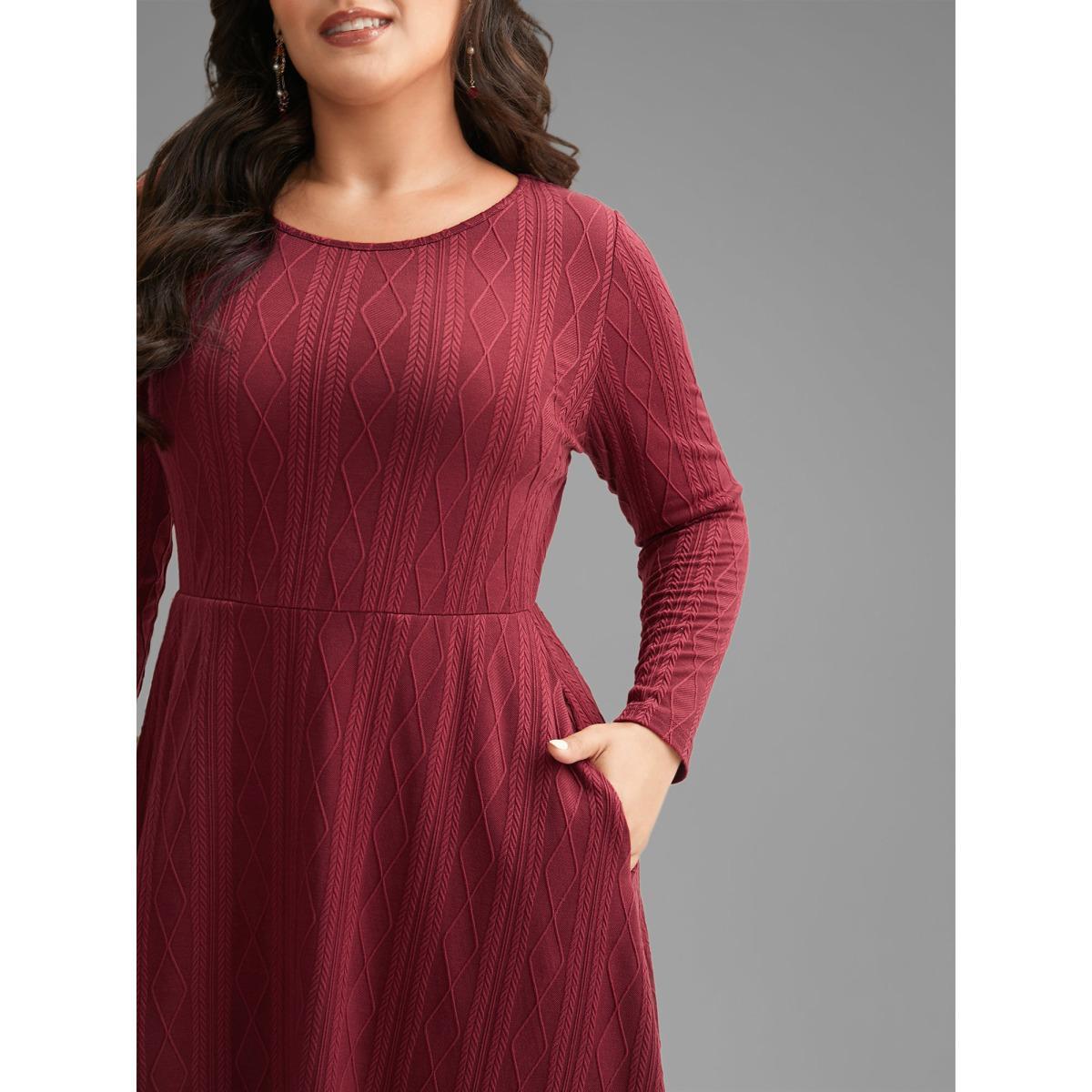 Plus Size Textured Knit Fit-And-Flare Midi Dress Burgundy Women Leisure Texture Round Neck Long Sleeve Curvy BloomChic 26/4X Product Image
