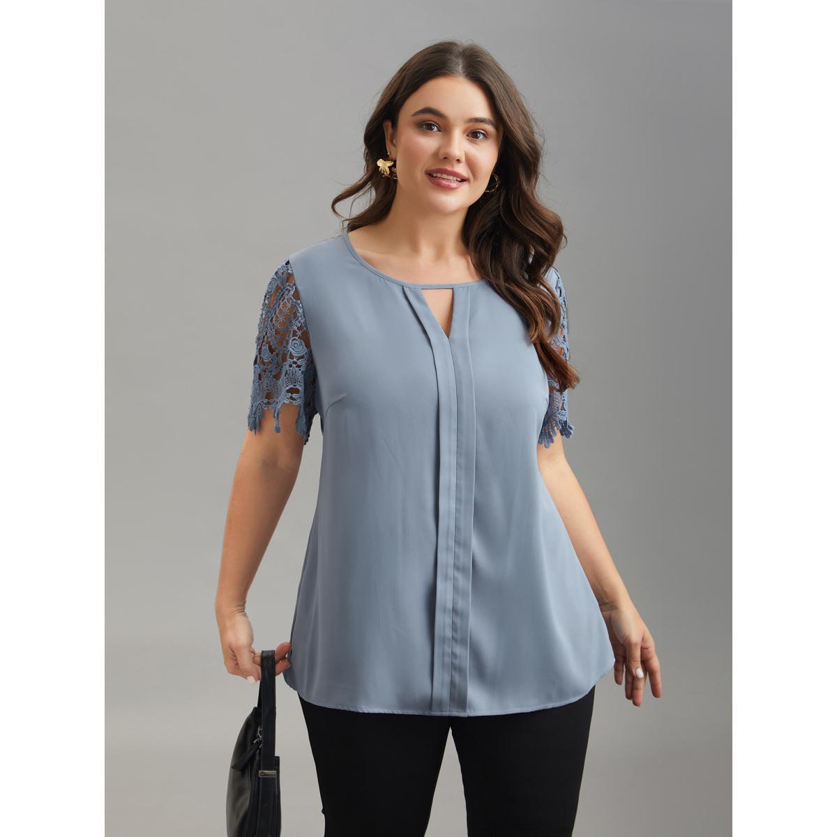 Plus Size Stone Lace Sleeve Neck Cut-Out Flared Shirt Women At the Office Short sleeve Notched collar Work Blouses BloomChic 22-24/3X Product Image