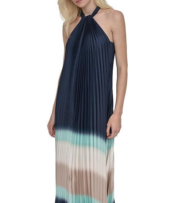 DKNY by Donna Karan Pleated Charmeuse Ombre Print Halter Neck Sleeveless Sheath Midi Dress Product Image