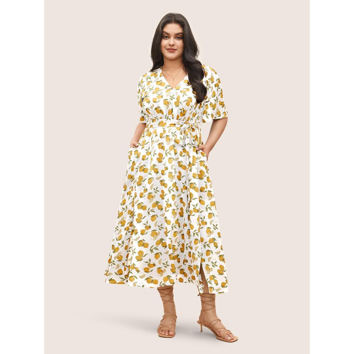Plus Size Citrus Lemons Print Belted Surplice Neck Split Side Dress Ivory Women Elegant Non Overlap Collar Short sleeve Curvy Midi Dress BloomChic 30/6X Product Image