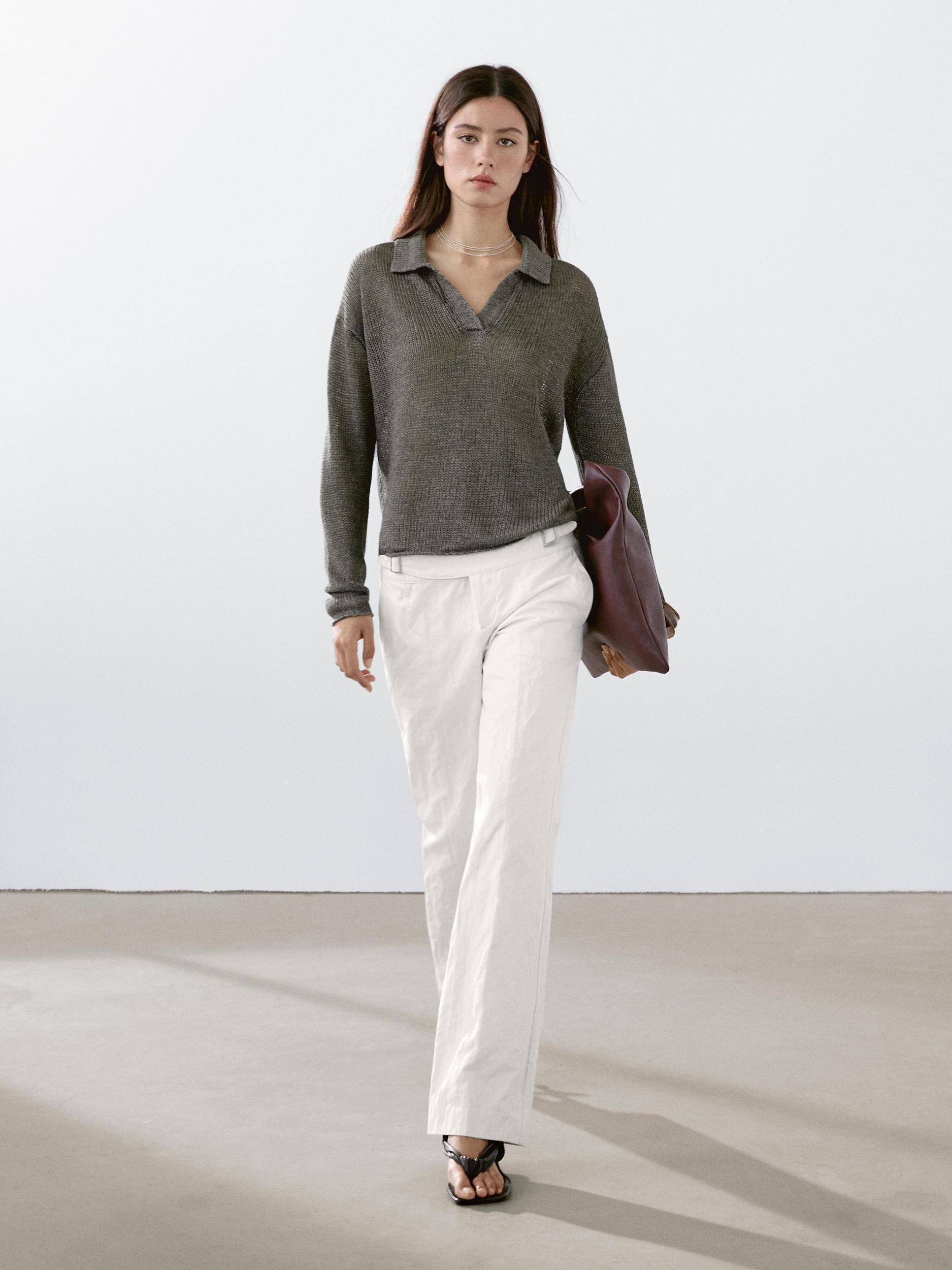 100% linen knit polo collar sweater Product Image