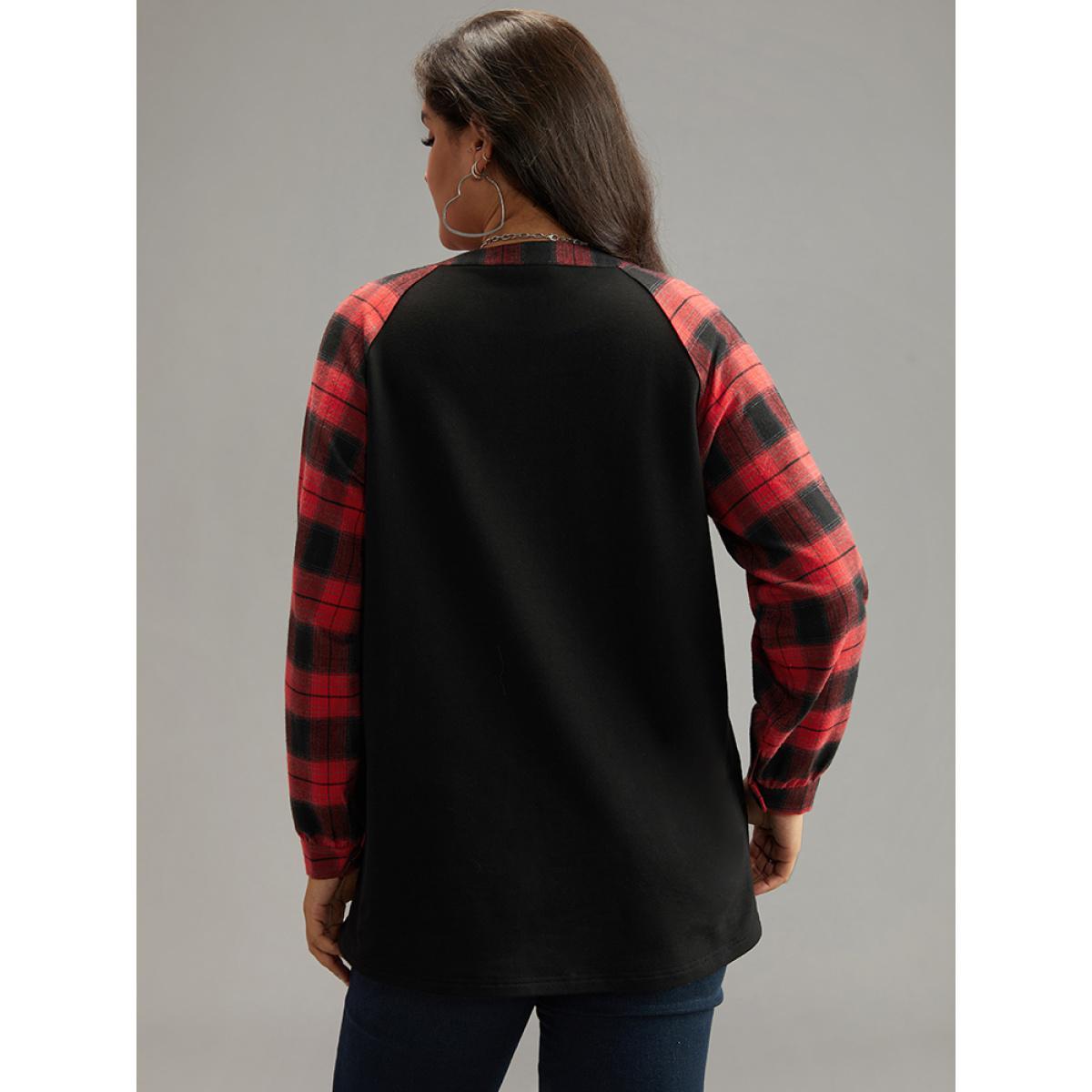 Plus Size Plaid Patchwork Notched Button Detail Sweatshirt Women Red Casual Patchwork Notched collar Everyday Sweatshirts BloomChic 26/4X Product Image
