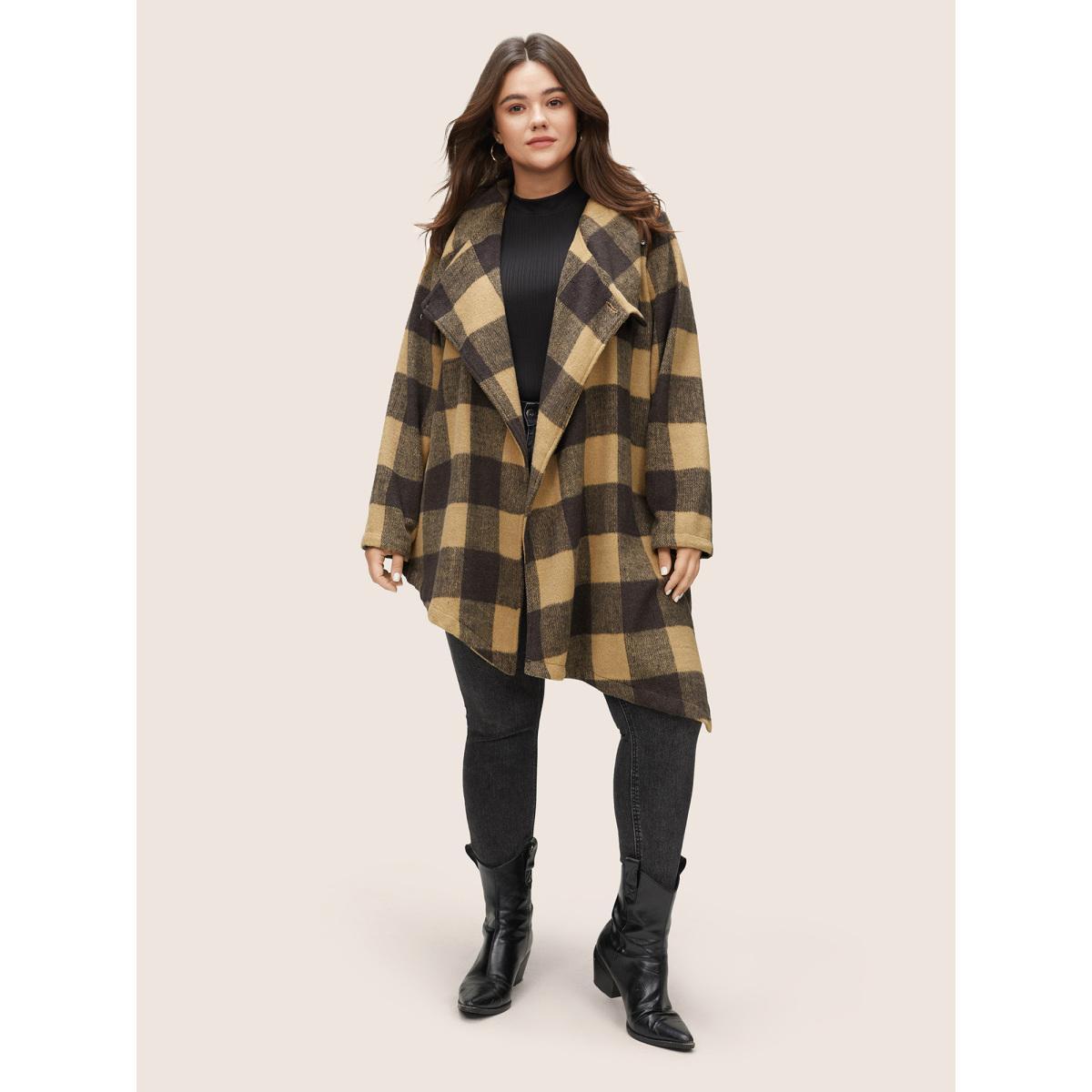 Plus Size Plaid Buckle Detail Asymmetrical Hem Coat Women DarkBrown Casual Contrast Ladies Dailywear Winter Coats BloomChic 10/M Product Image