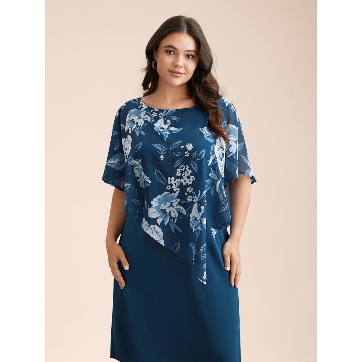 Plus Size Floral Print Cloak Tiered Midi Dress Aegean Women Elegant See through Round Neck Half Sleeve Curvy BloomChic 30/6X Product Image