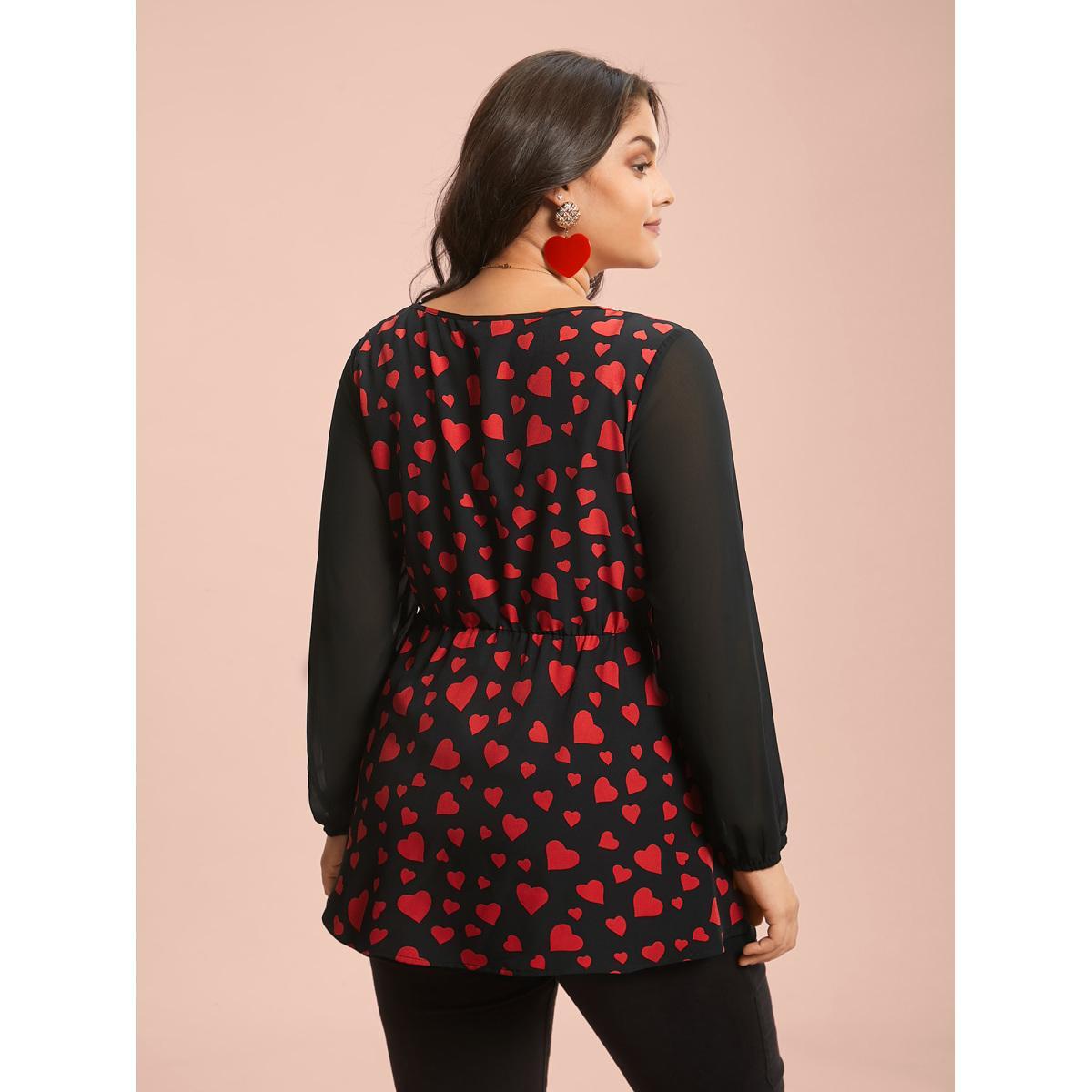 Plus Size Black Heart Print Patchwork Waist-Tie Blouse Women Romantic Extra Long Sleeve Square Neck Elegant Blouses BloomChic 14-16/1X Product Image