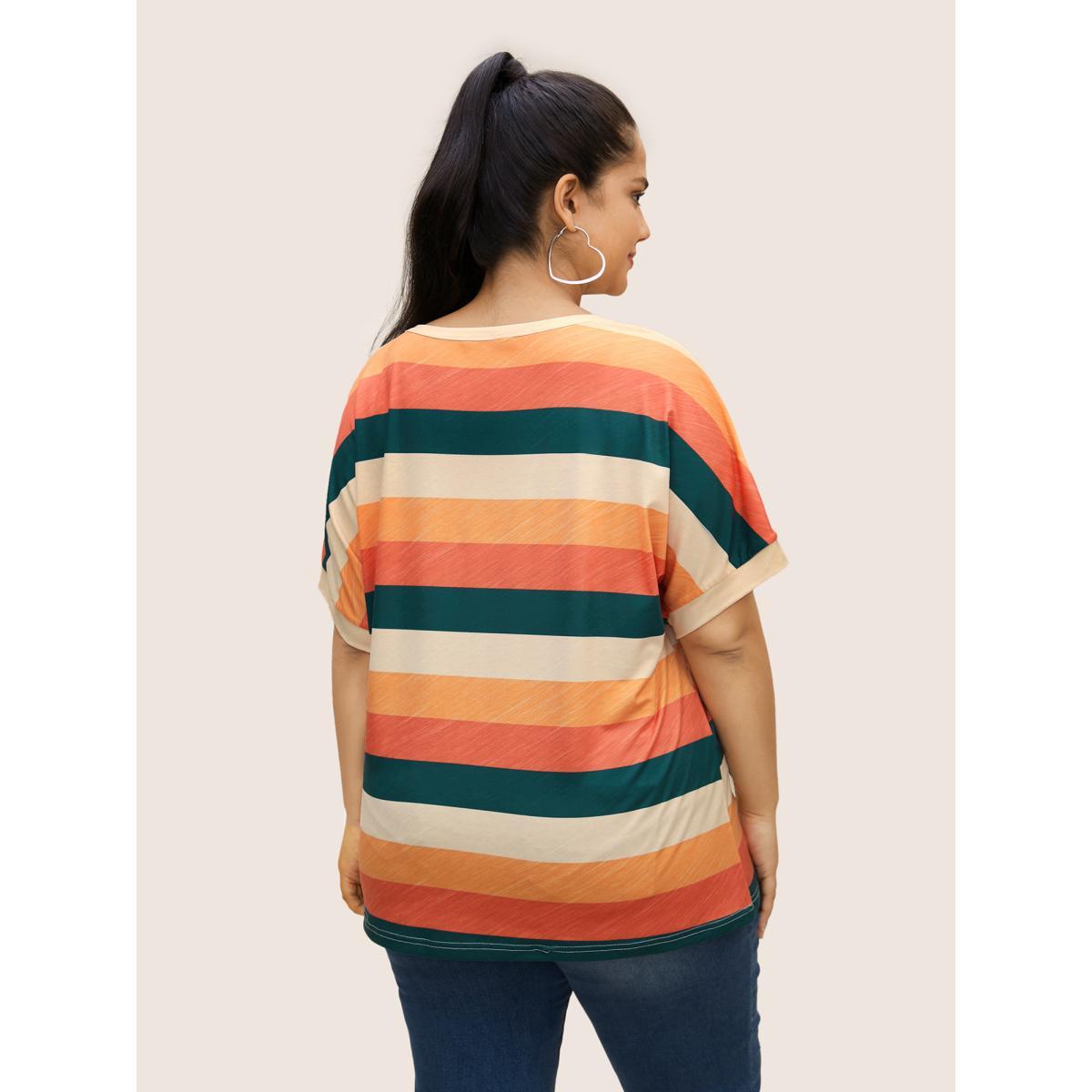 Plus Size Colored Striped Crew Neck Batwing Sleeve T-shirt Multicolor Women Casual Contrast Round Neck Everyday T-shirts BloomChic 28/5X Product Image