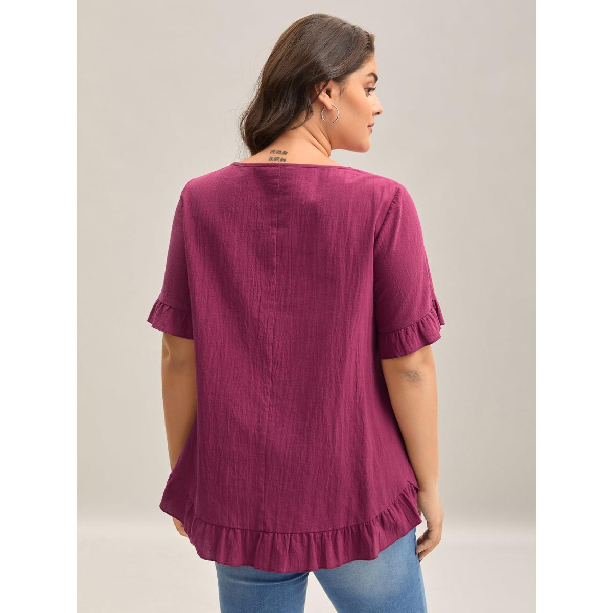 Plus Size RedViolet Pure Cotton Ruffled Curved Hem Blouse Women Leisure Short sleeve Round Neck Casual Blouses BloomChic 14-16/1X Product Image
