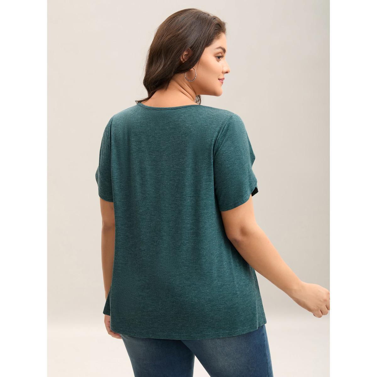 Plus Size Heather Stretchy Neck Cut-Out T-Shirt DarkGreen Women Leisure Petal edge V-neck Casual T-shirts BloomChic 18-20/2X Product Image