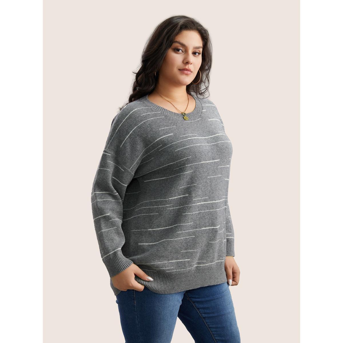 Plus Size Supersoft Essentials Asymmetrical Striped Round Neck Pullover Gray Women Casual Long Sleeve Round Neck Everyday Pullovers BloomChic 28/5X Product Image