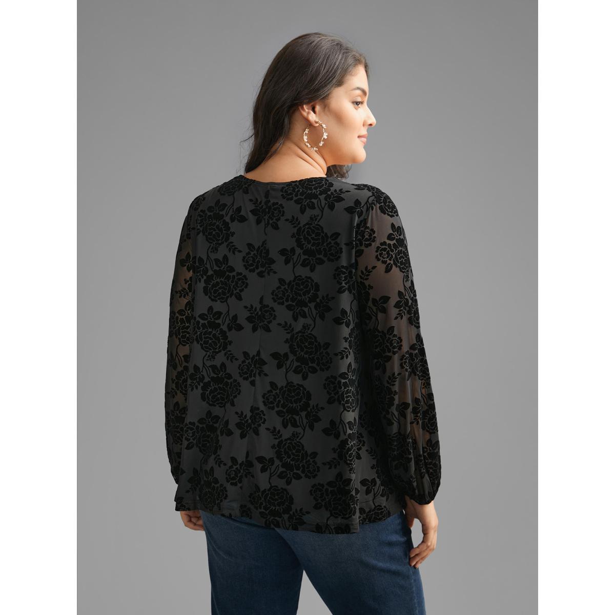 Plus Size Black Sheer Flocked Lace Trim V-neck Blouse Women Cocktail Long Sleeve V-neck Party Blouses BloomChic 14-16/1X Product Image