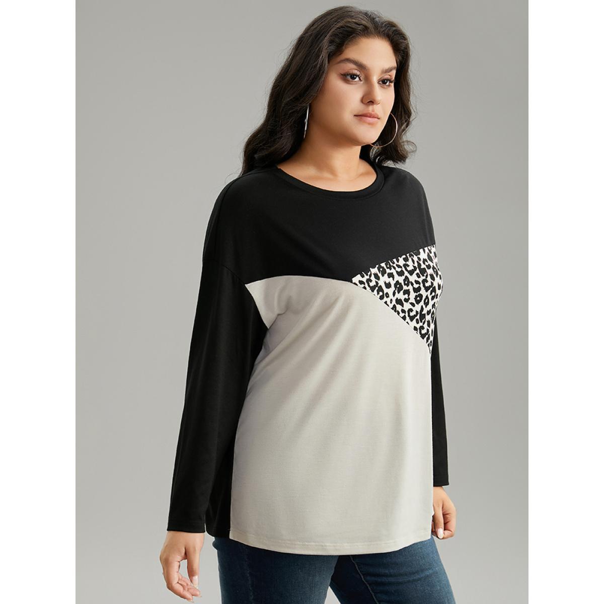 Plus Size Leopard Print Colorblock Patchwork T-shirt Black Women Casual Contrast Patchwork Round Neck Dailywear T-shirts BloomChic 28/5X Product Image