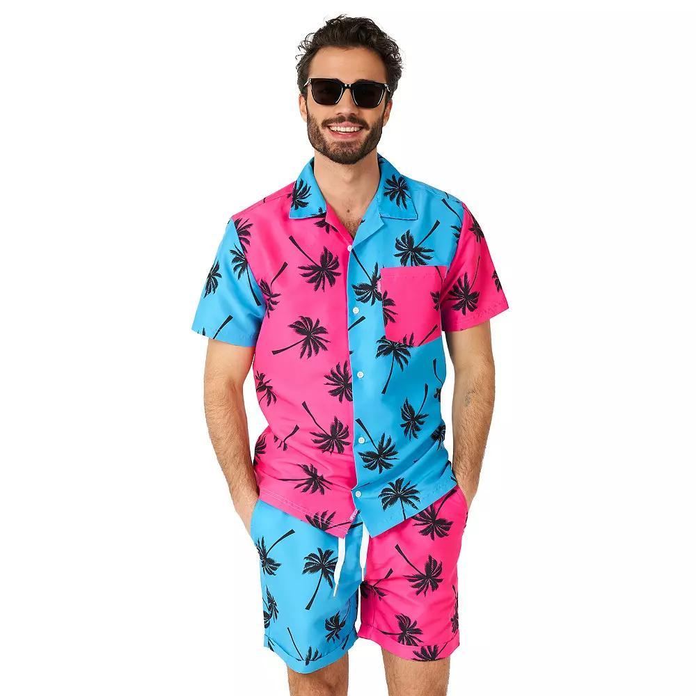 Men's OppoSuits Neon Parallel Palm Print Short Sleeve Button Down Shirt & Shorts Set, Boy's, Size: XXL, Pink Blue Product Image
