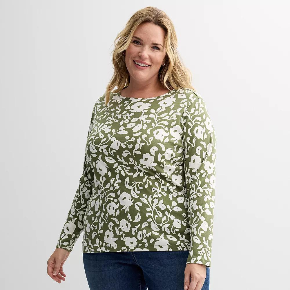 Plus Size Croft & Barrow® Essential Crewneck Long Sleeve Tee, Women's, Size: 3XL, Green Chic Floral Product Image