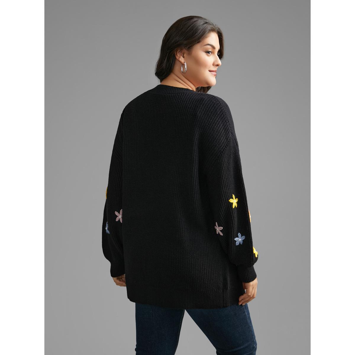 Plus Size V Neck Crochet Floral Drop Shoulder Pullover Black Women Casual Loose Long Sleeve V-neck Everyday Pullovers BloomChic 10/M Product Image