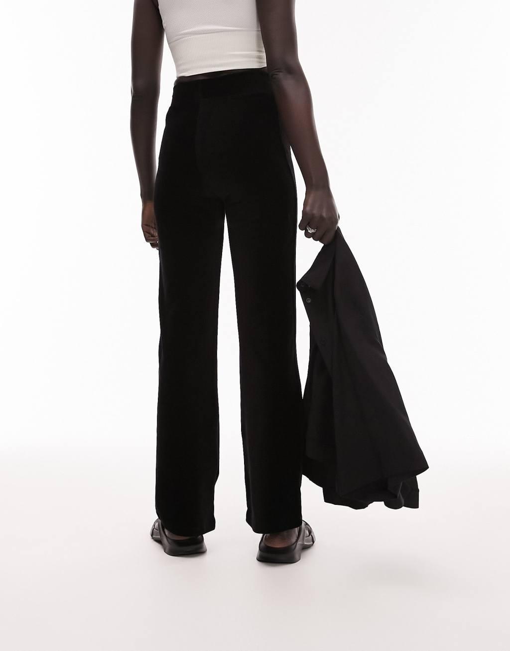 Topshop Petite brushed rib straight leg pants in black Product Image