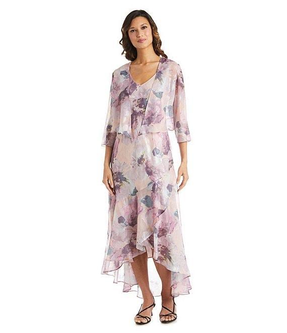 R & M Richards Floral Print Chiffon Bolero 3/4 Sleeve Asymmetrical Ruffle Hem 2-Piece Jacket Dress Product Image