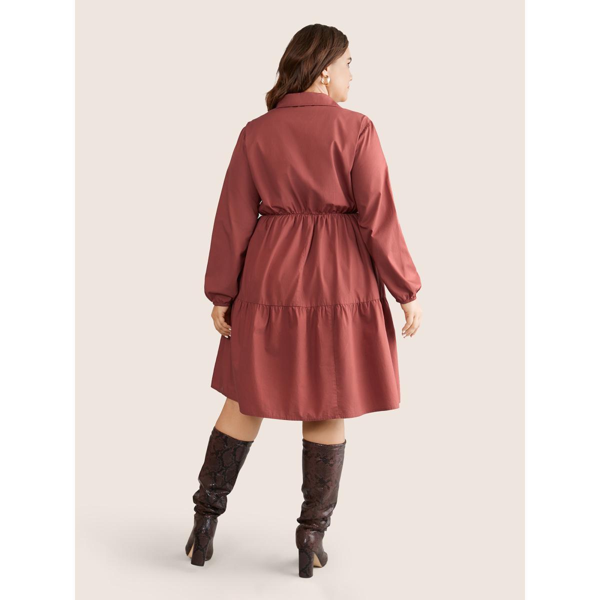 Plus Size Lapel Collar Gathered Pocket Lantern Sleeve Dress Russet Women Casual Gathered Lapel Collar Long Sleeve Curvy Knee Dress BloomChic 22-24/3X Product Image