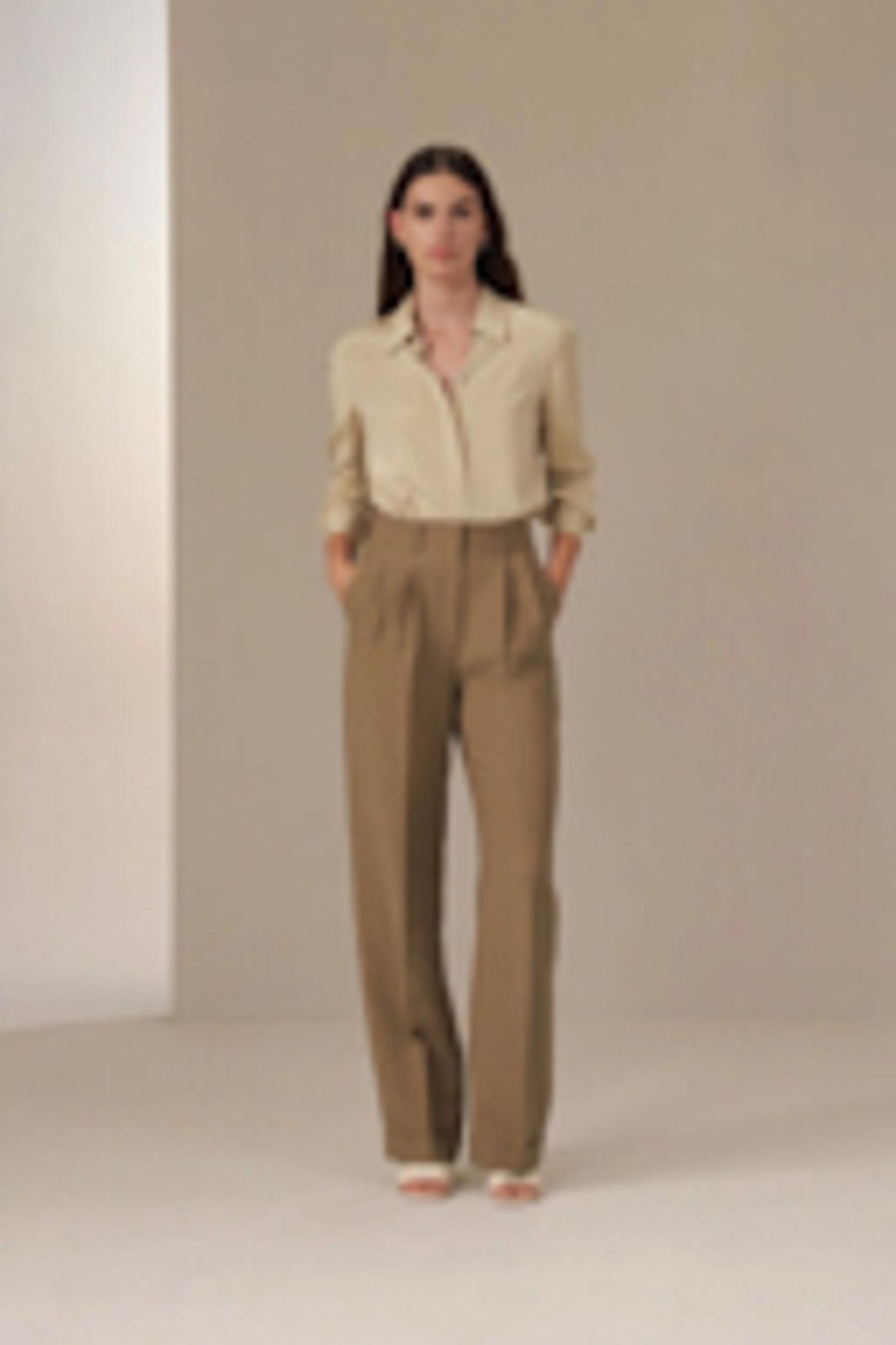 Silk-Wool Blend Khaki Minimalist Trousers Product Image