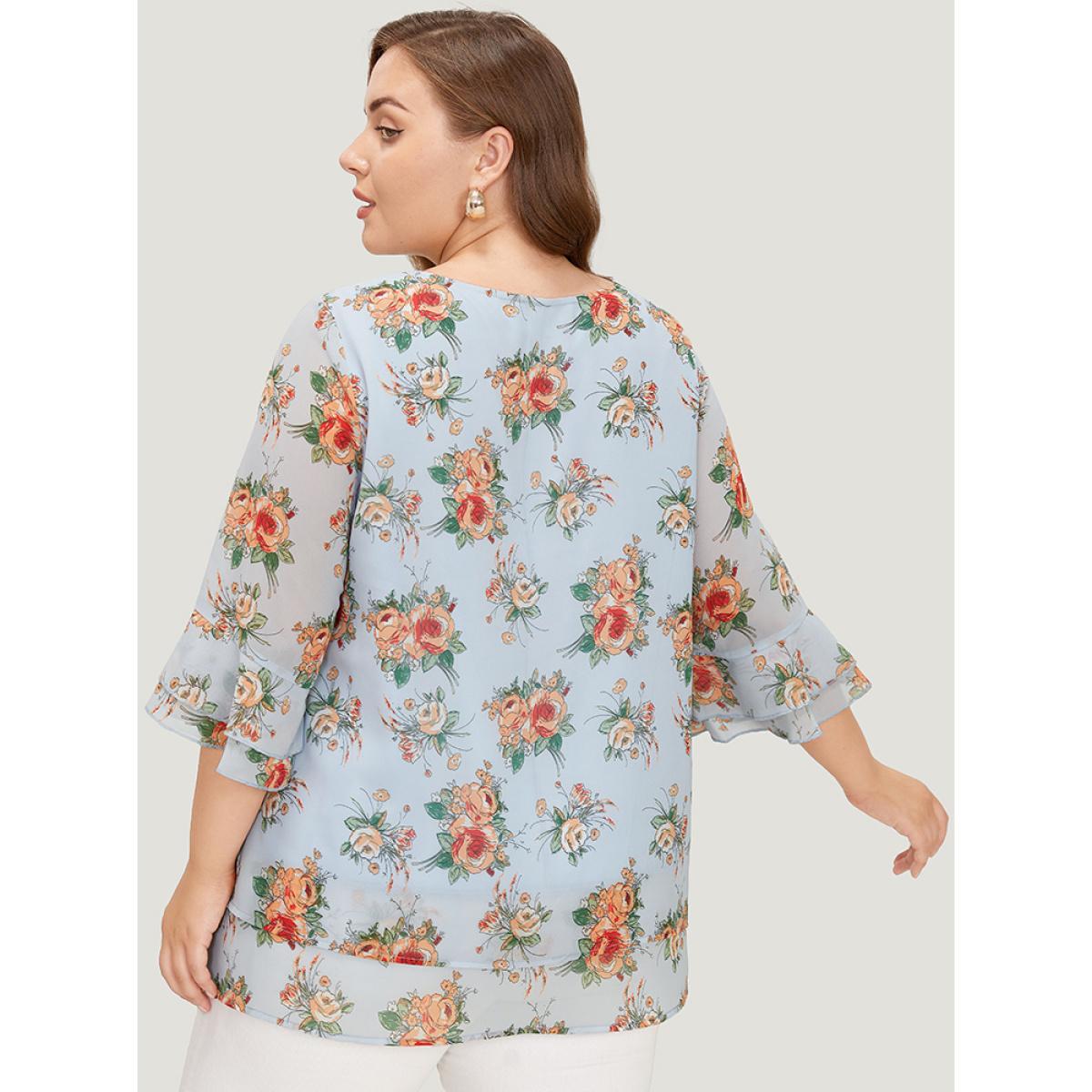 Plus Size LightBlue Floral Ruffle Sleeve Layered Hem Blouse Women Elegant Elbow-length sleeve Round Neck Dailywear Blouses BloomChic 22-24/3X Product Image
