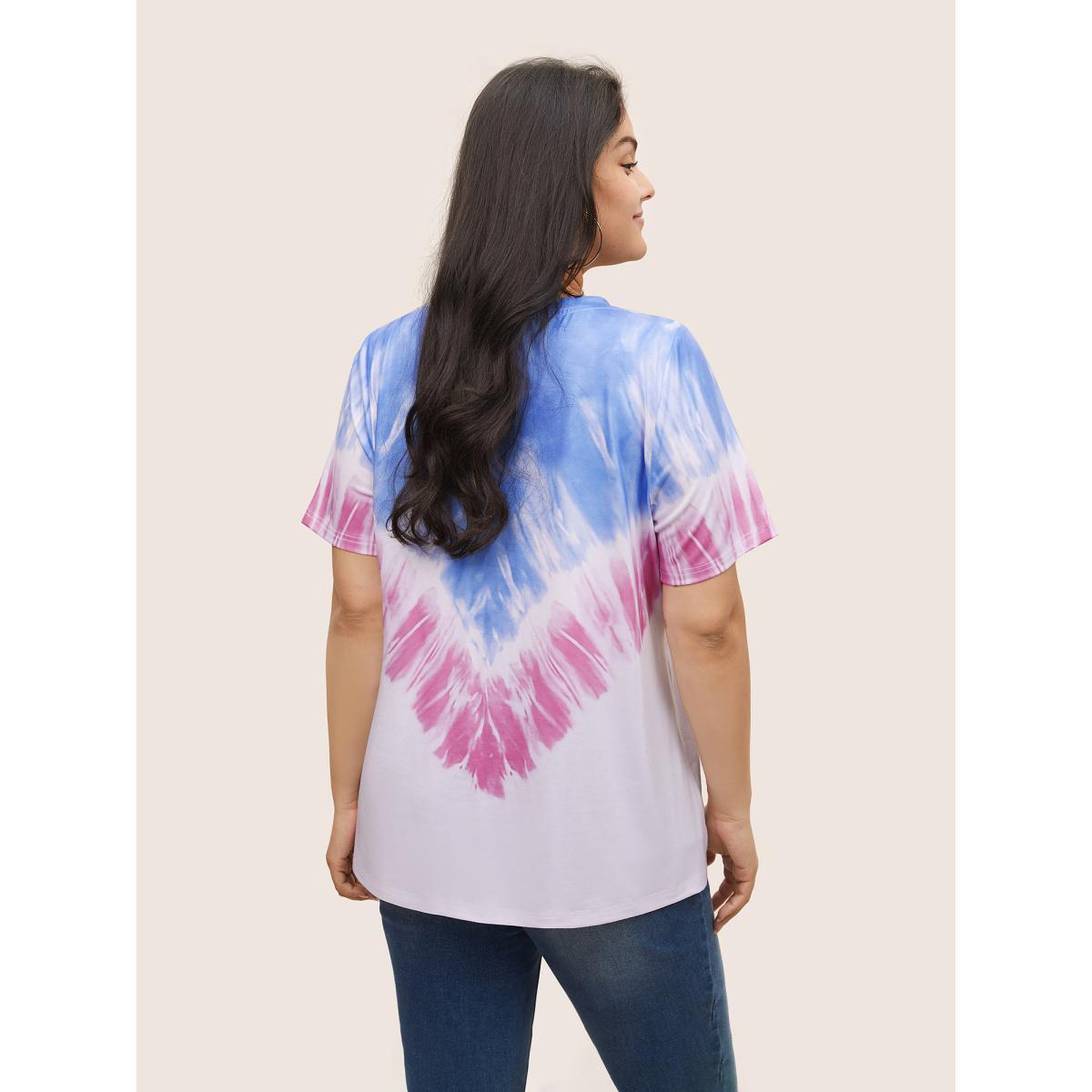 Plus Size Tie Dye Contrast Round Neck T-shirt Multicolor Women Casual Non Tie Dye Round Neck Everyday T-shirts BloomChic 18-20/2X Product Image